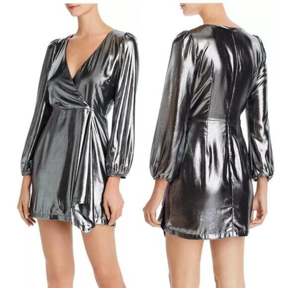 FRENCH CONNECTION Metallic Faux-wrap Mini Dress - 8 - Picture 1 of 7